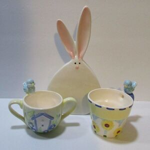 lot Easter spring blue bird sugar bowl coffee cup holder bunny rabbit figure